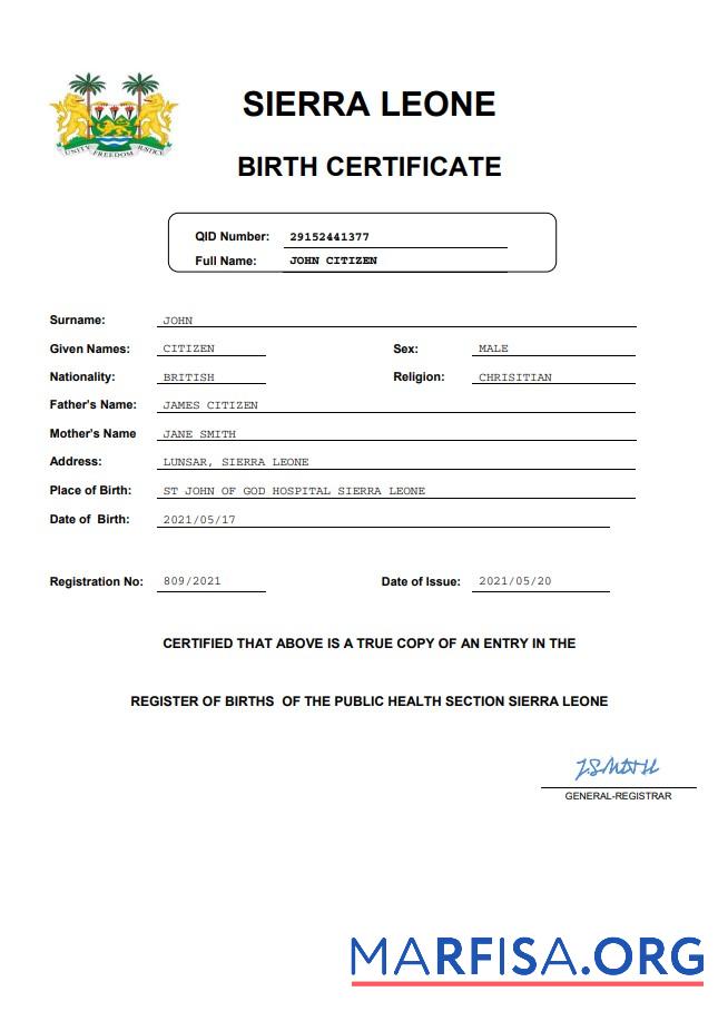 Printable Sierra Leone birth certificate Word and PDF template